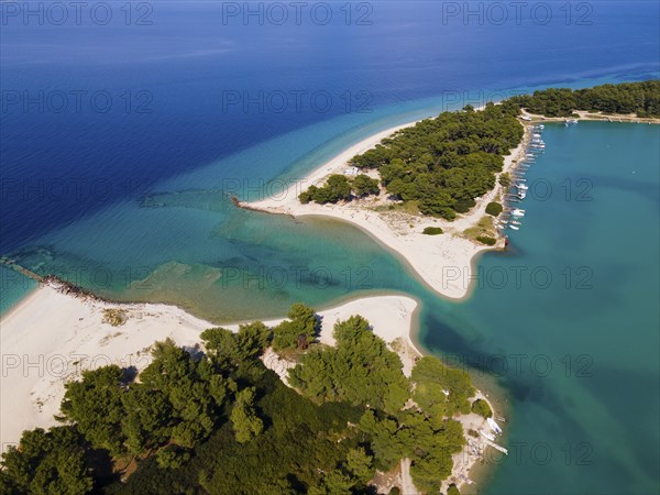 Aerial view, lagoon, beach and harbour, Glarokavos, Pallini, Kassandra Peninsula, Chalkidiki,