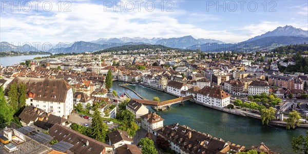 Lucerne city on the river Reuss with Spreuerbrücke and Lake Lucerne panoramic view from above in