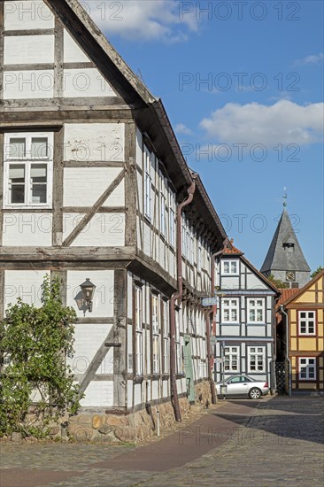 Half-timbered houses, church, town centre, Hitzacker, Lower Saxony, Germany, Europe
