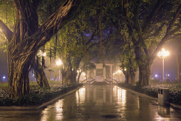 Guangzhou People's Park with mist fog at night. Guangzhou, China, Asia