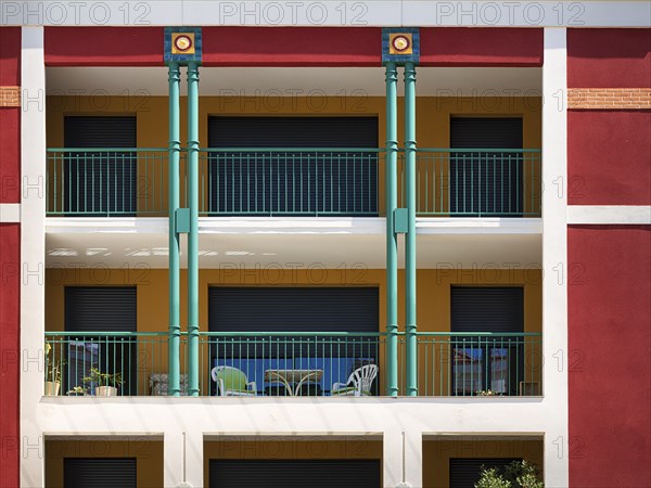 Colourfully decorated facade with balconies, detail, holiday flats, Arcachon, Gironde, Aquitaine,