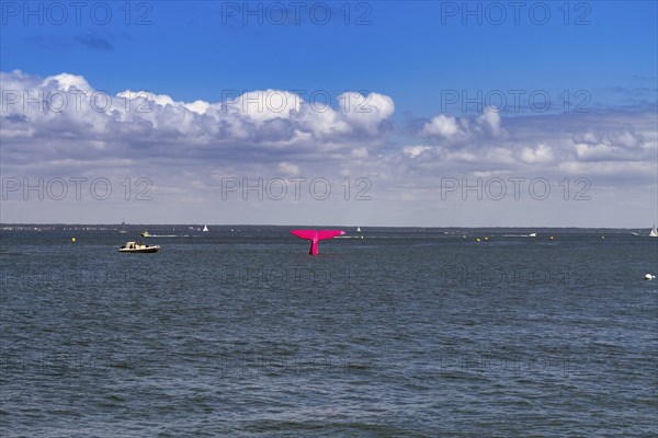 Pink buoy, sculpture of a fluke and boats in the Bay of Arcachon, Gironde, Aquitaine, France,