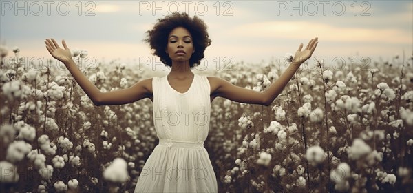 Contemplative mysterious african american woman standing amidst the cotton field. generative AI