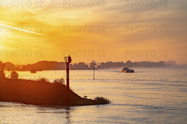 Cargo ships on the Rhine near Emmerich, early morning, sunrise, fog, mist on the river, North