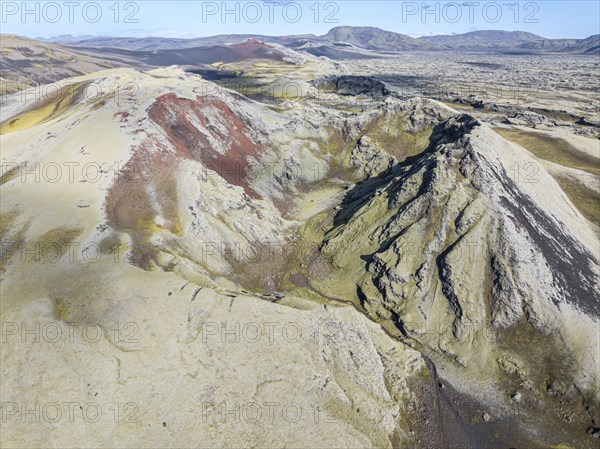 Moss-covered Laki crater or Lakagígar, series of craters, aerial view, interior highlands of
