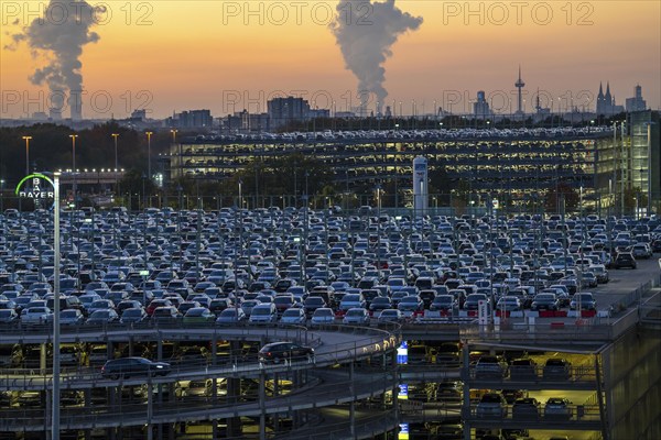 Full car park P2, at Cologne-Bonn Airport, behind car park P3 and the Cologne skyline, North