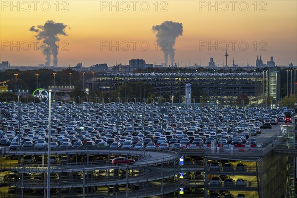 Full car park P2, at Cologne-Bonn Airport, behind car park P3 and the Cologne skyline, North
