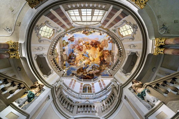 Ceiling fresco in the Baroque staircase from 1723, Wurzach Castle, Bad Wurzach, Allgäu,