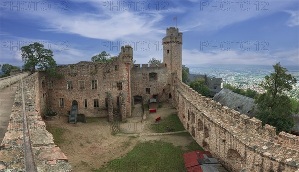 Auerbach Castle on the Bergstrasse, castle ruins, panoramic photo, Bensheim, Hesse, Germany, Europe