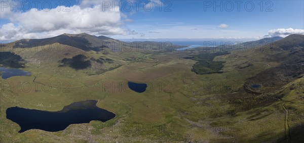 A panorama aerial view of the Mountains of the Central Dingle Peninsula in County Kerry of Ireland