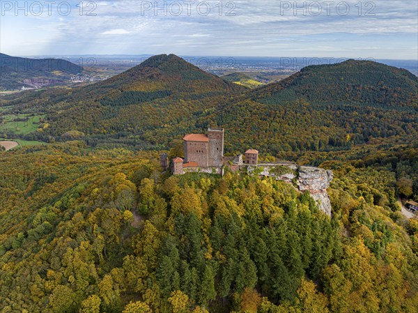 Aerial view, Reichsburg Trifels, Annweiler, Palatinate, Rhineland-Palatinate Forest in autumn,
