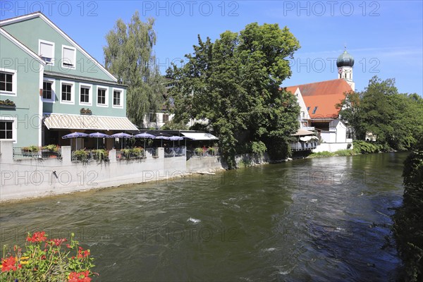 View over the Amper river to St, Magdalena church, Fürstenfeldbruck, Upper Bavaria, Bavaria,