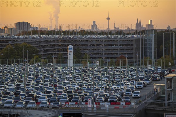Full car park P2, at Cologne-Bonn Airport, behind car park P3 and the Cologne skyline, North