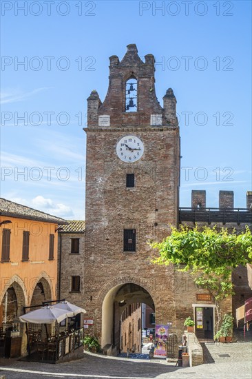 The clock tower in the medieval Gradara Castle, Marche, Italy, Europe