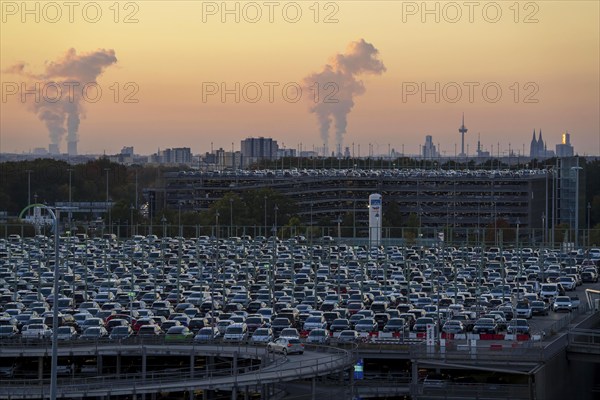 Full car park P2, at Cologne-Bonn Airport, behind car park P3 and the Cologne skyline, North
