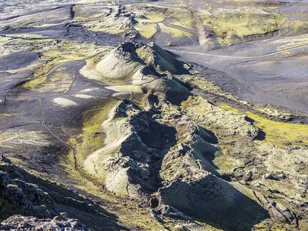 Moss-covered Laki crater or Lakagígar, series of craters, interior highlands of Iceland, Suðurland,