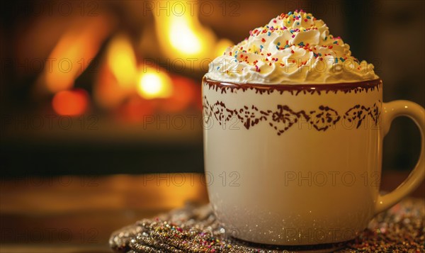 A mug of hot chocolate with whipped cream and sprinkles on top. The mug is sitting on a table next