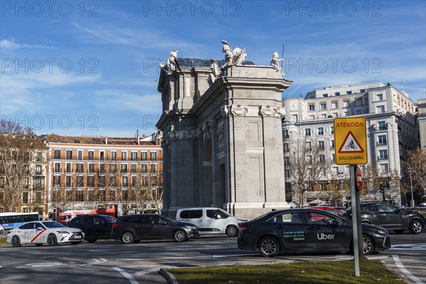 Madrid, Spain, January 28, 2024: The Puerta de Alcala Neo-classical gate in the Plaza de la