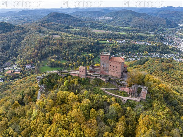 Aerial view, Reichsburg Trifels, Annweiler, Palatinate, Rhineland-Palatinate Forest in autumn,