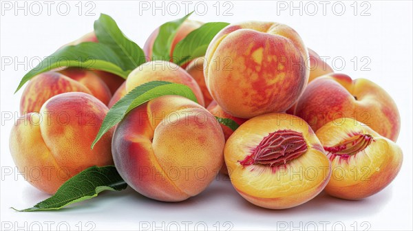 A pile of ripe peaches with leaves, featuring vibrant colors and freshness, AI generated