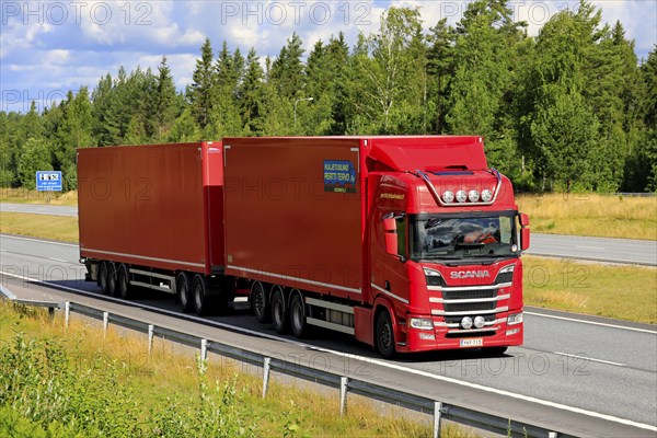 Red Scania R650 freight transport truck Kuljetusliike Pertti Tervo Oy from Sodankylä, north of