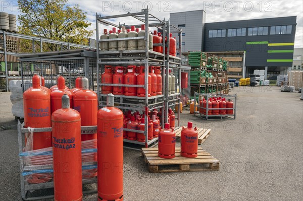 Red gas cylinders from Tyczka Energy, Allgäu, Bavaria, Germany, Europe