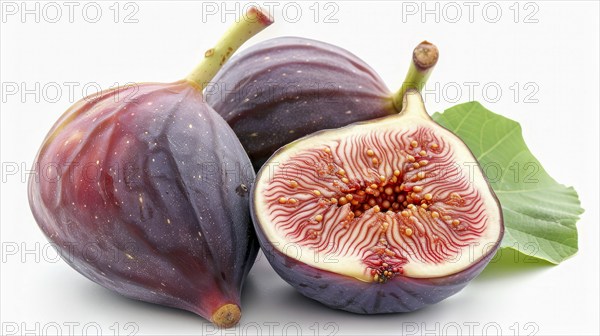 Close-up of ripe figs with a green leaf, one sliced to show inner details, AI generated