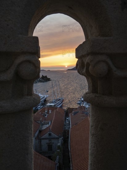 Cloudy mood at sunset by the sea, view from the bell tower, Korcula, Korcula Island, Dalmatia,