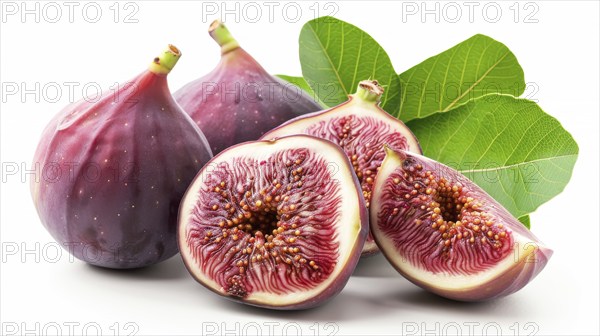 Whole and sliced figs with green leaves, displaying fresh ripe textures, AI generated