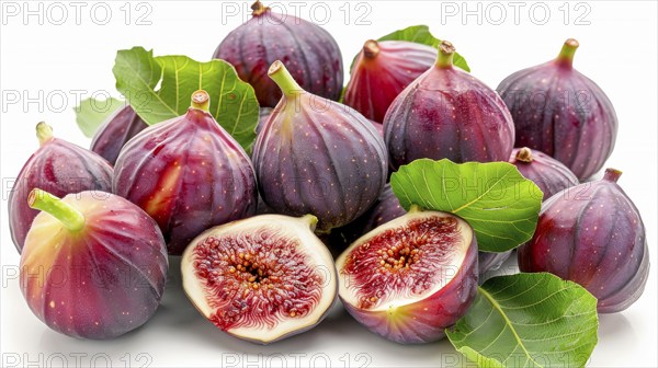 Whole and sliced purple figs surrounded by green leaves, highlighting freshness and ripeness, AI