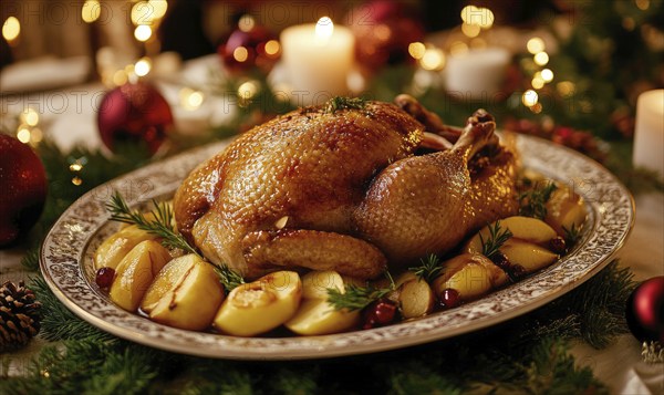 A large roasted turkey is surrounded by potatoes and other vegetables on a white plate. Concept of