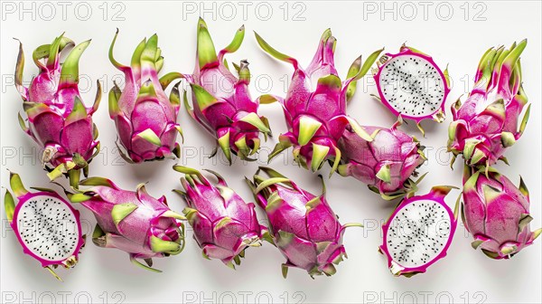 Several whole and sliced dragon fruits exposing white flesh with seeds on a white surface, AI