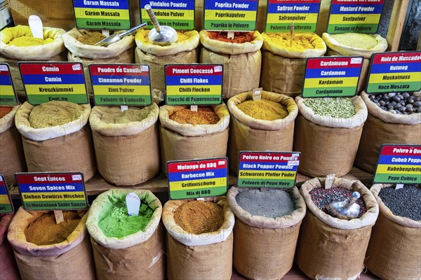Spices, fruit and vegetable market, market hall, old town, Port Louis, Indian Ocean, island,