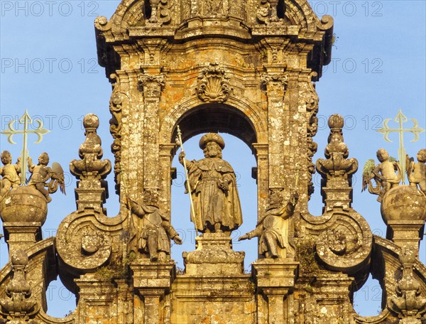 Sculpture of St. James the Apostle on top of the Western facade of the cathedral, Santiago de