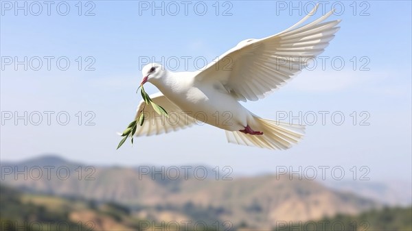 A white dove flies high above a peaceful landscape, holding an olive branch in its beak. Gentle