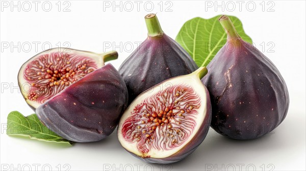Purple figs with green leaves, shown whole and sliced, highlighting vivid colors, AI generated