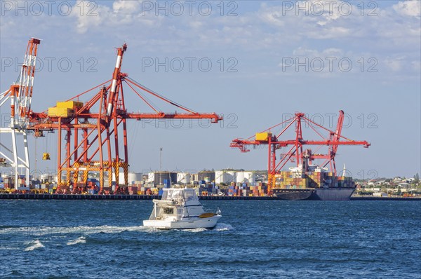 Cranes along the North Quay in the Inner Harbour on the mouth of the Swan River, Fremantle, WA,