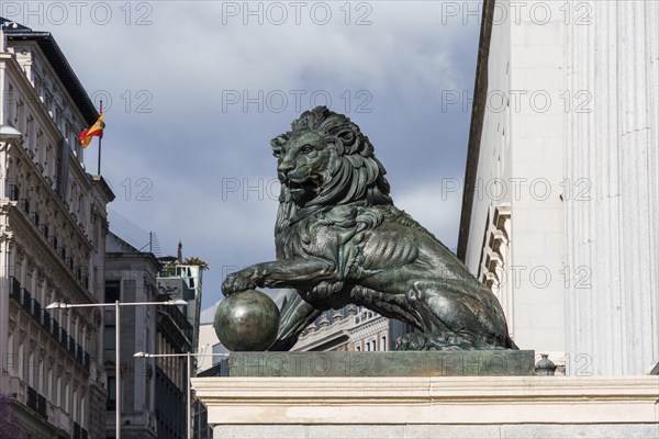 Madrid, Spain, February 24, 2024: Bronze Lion in the Congress of Deputies in Madrid, Europe