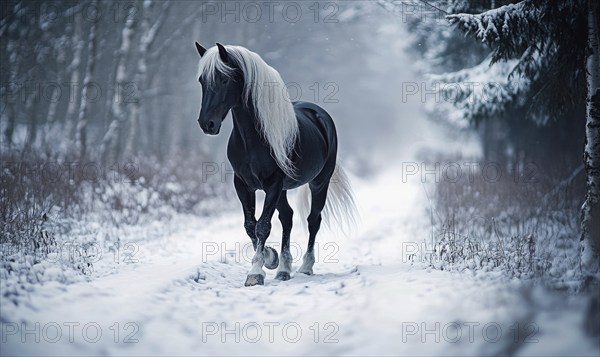A black horse with white mane and tail is walking on a snowy path. Concept of calmness and