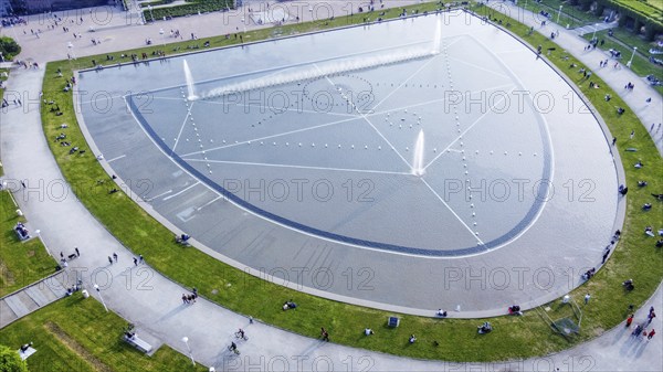 Aerial view on Wroclaw multimedia fountain, people walking (on large distance) next to Centennial