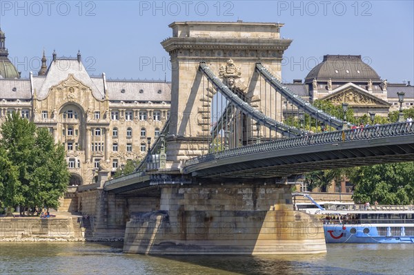 Szechenyi Chain Bridge, the Gresham Palace and the Ministry of Interior, Budapest, Hungary, Europe
