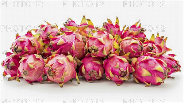 A vivid arrangement of dragon fruits with pink skin and green tips on a white background, AI