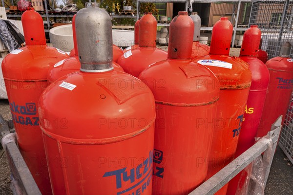 Red gas cylinders from Tyczka Energy, Allgäu, Bavaria, Germany, Europe