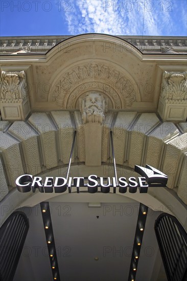 Zurich, Switzerland, Credit Suisse, company logo on the façade of the Credit Suisse Bank