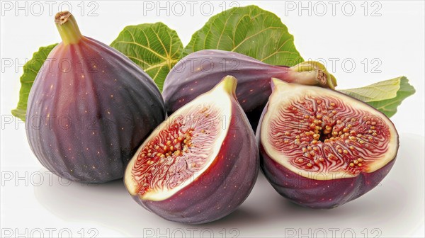 Ripe purple figs with green leaves shown whole and sliced with visible details, AI generated