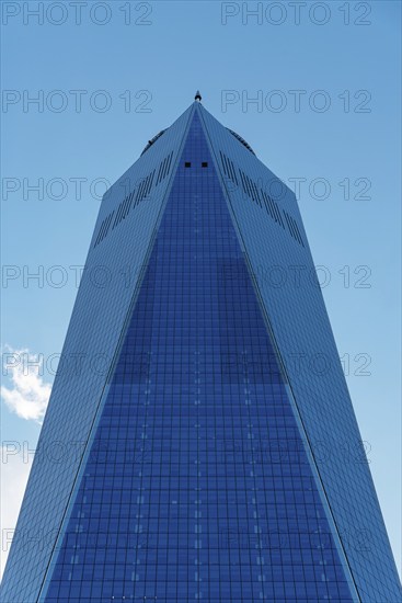 New York City, USA, June 20, 2018: Low angle view of One World Trade Center in New York. Vertical