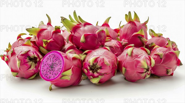 Vivid pink dragon fruits with a cross-section slice showing bright pink flesh and seeds, AI