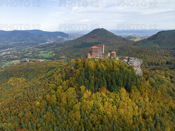 Aerial view, Reichsburg Trifels, Annweiler, Palatinate, Rhineland-Palatinate Forest in autumn,