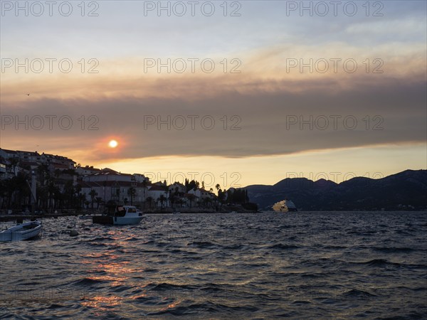 Evening atmosphere in front of sunset, Korcula harbour, Korcula island, Dalmatia, Croatia, Europe