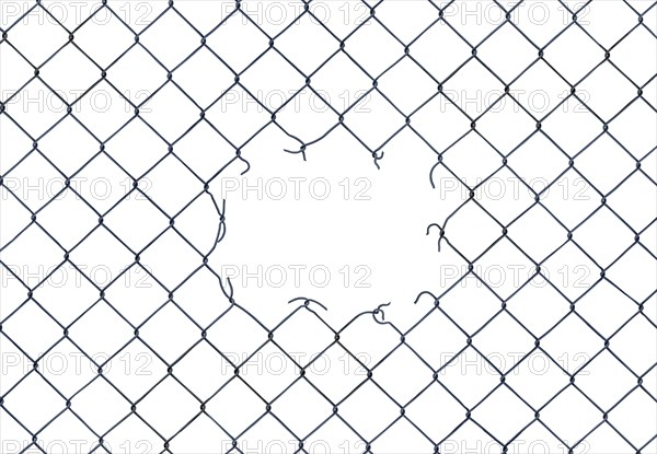 Framing Image Of A Hole In A Chain-Link Fence On A White Background